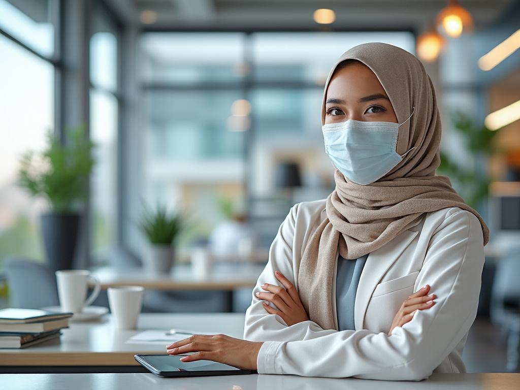 Mujer joven con hiyab y mascarilla, vestida de blanco, en una oficina moderna con plantas y ventanas grandes.