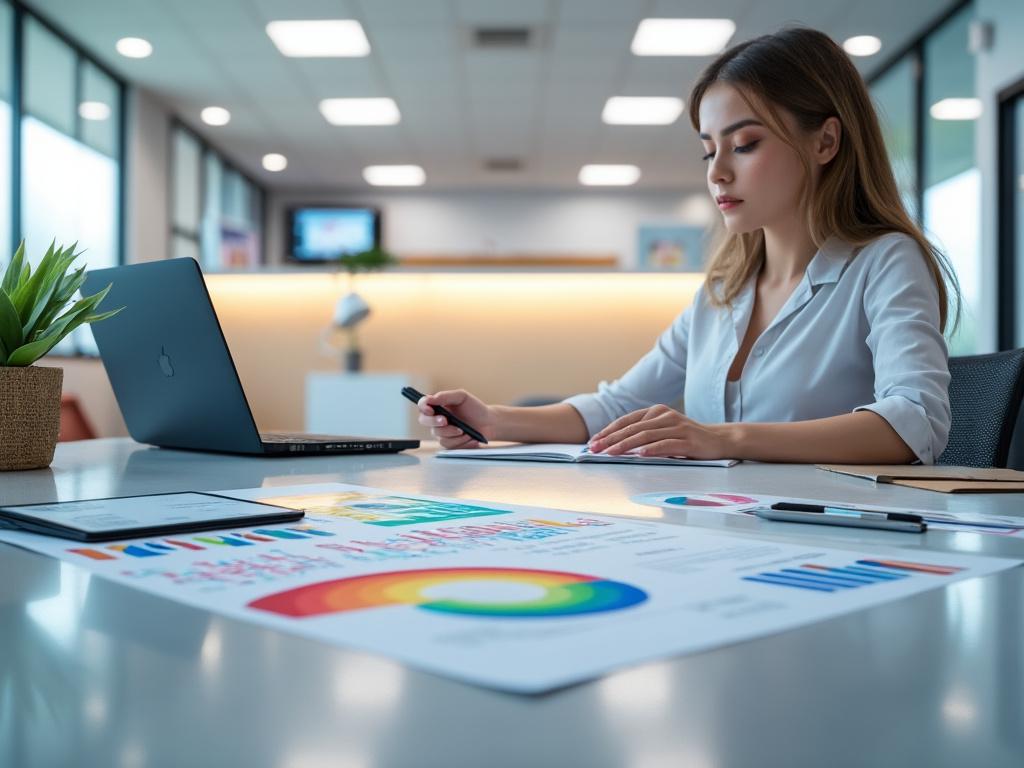 Woman analyzing charts and graphs at a modern office desk with a laptop, plant, and blurred background.
