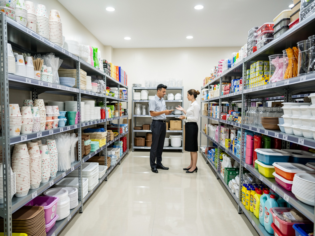 Dos empleados conversan en una tienda de suministros para hostelería con estanterías llenas de platos, vasos, envases y productos de limpieza
