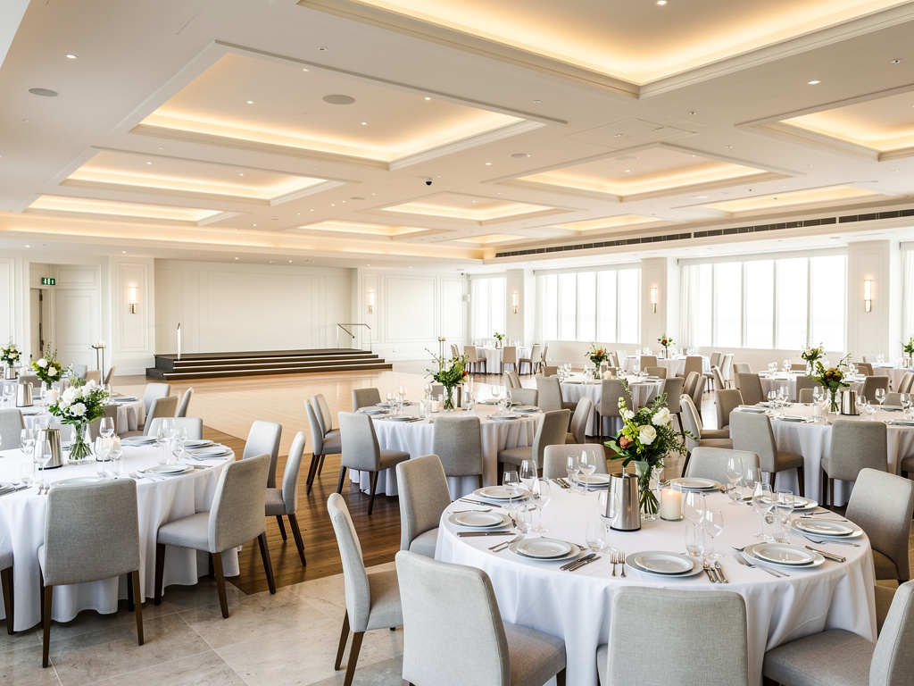 Salón de banquetes elegante con mesas redondas decoradas para boda o evento