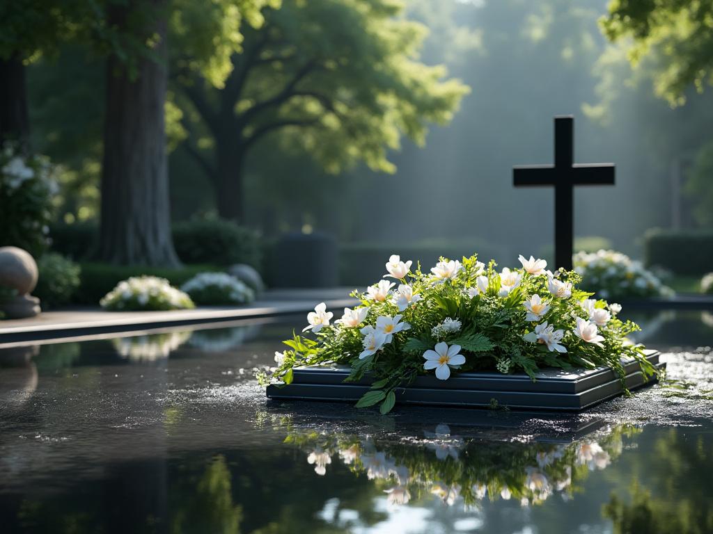 Flores blancas sobre una lápida con una cruz en un cementerio rodeado de árboles.