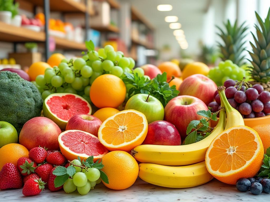 Variedad de frutas frescas incluyendo naranjas, manzanas, plátanos, uvas, fresas y pomelos en una mesa.