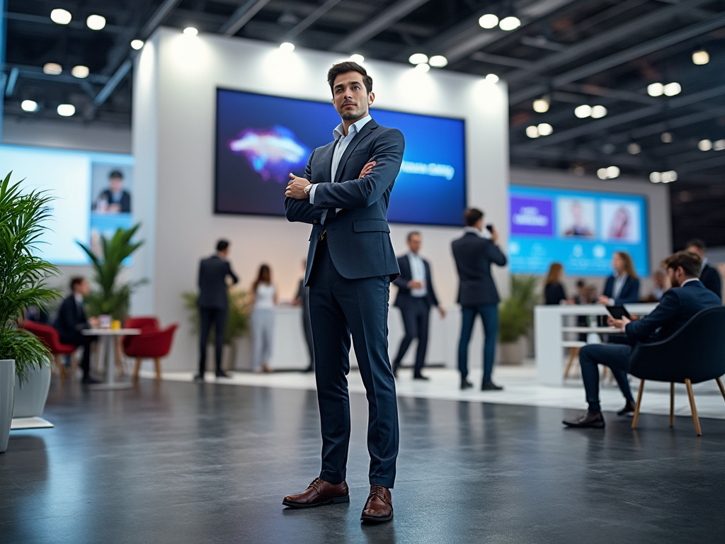 Confident businessman in suit standing at modern trade show booth with digital screens and networking attendees