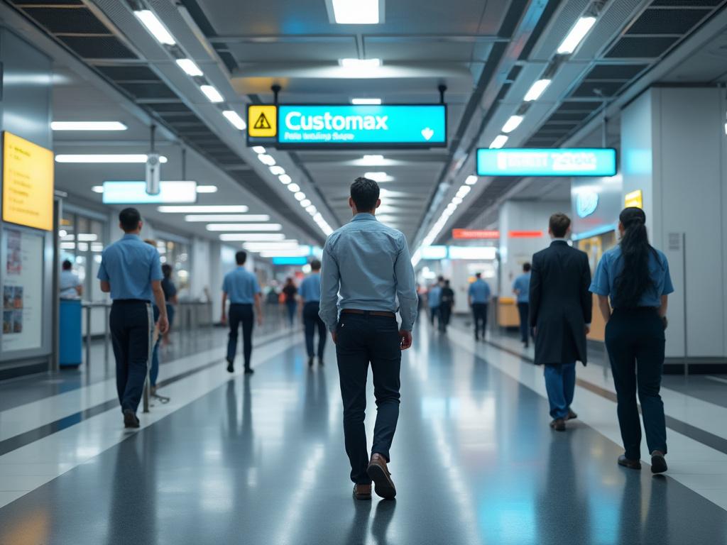 Personas caminando en un pasillo de aeropuerto con señales de dirección y control de aduanas.