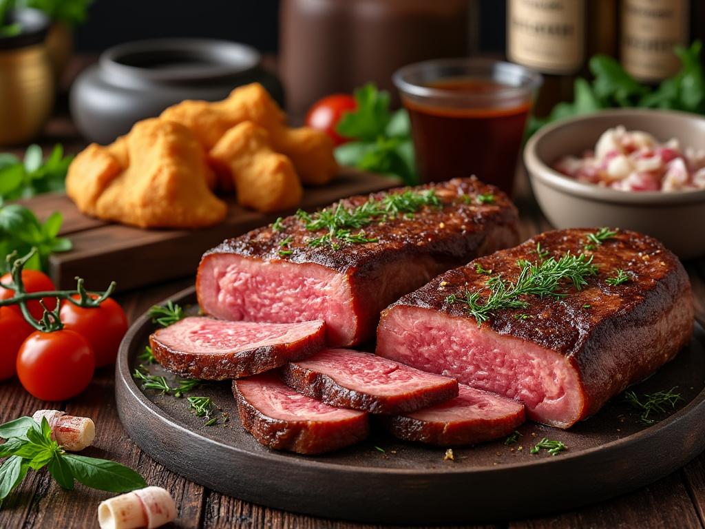 Plato de carne asada con guarnición de hierbas, rodeado de tomates cherry, vegetales y un cuenco de salsa en una mesa de madera.