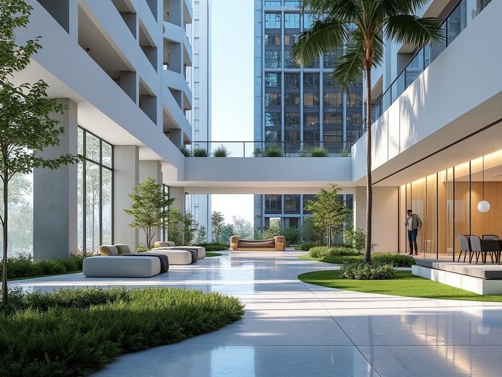 Área común moderna con mobiliario urbano, plantas y palmeras, rodeada de edificios altos con diseño arquitectónico contemporáneo.