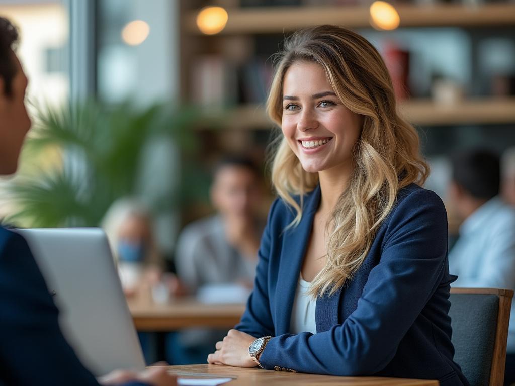 Mujer joven sonriendo en una cafetería, vestida con chaqueta azul, frente a una persona con laptop.