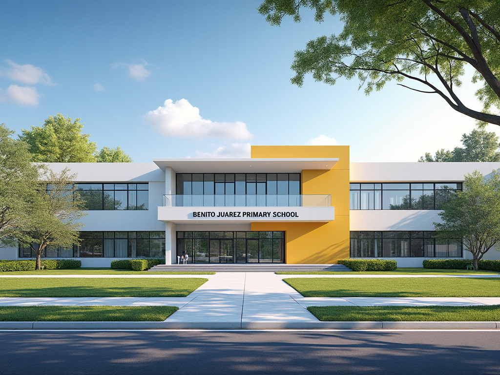 Fachada moderna de la Escuela Primaria Benito Juárez con edificio blanco y amarillo, grandes ventanales, jardines y árboles