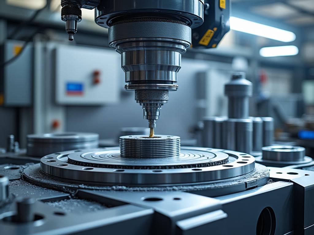 Máquina CNC operando en un taller industrial con herramienta de corte sobre una pieza metálica.