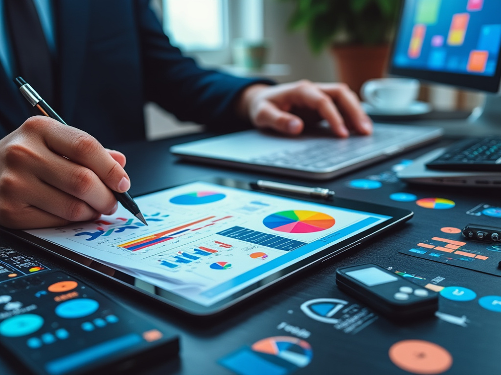 Persona trabajando en oficina con gráficos coloridos en tableta y laptop.