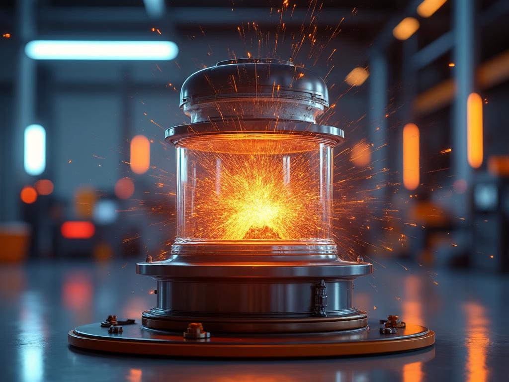 Chispa metálica dentro de un contenedor cilíndrico de vidrio en un entorno industrial moderno, con luces naranjas brillantes en el fondo.