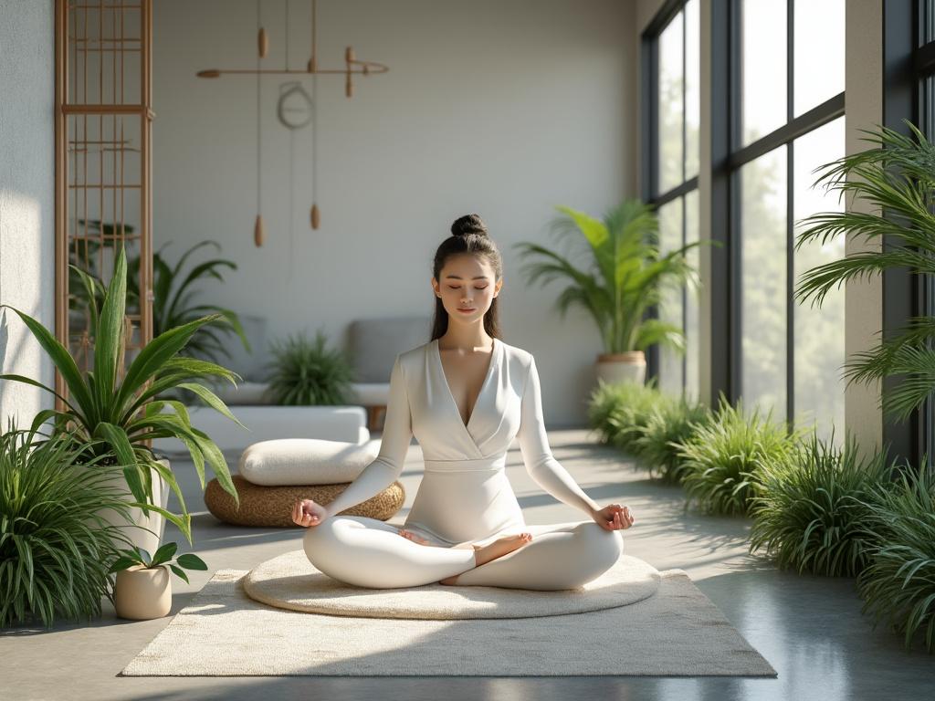 Mujer meditando en una sala luminosa rodeada de plantas verdes.