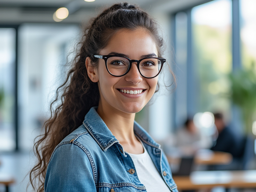 Mujer joven con gafas y cabello rizado sonriendo en una oficina moderna.