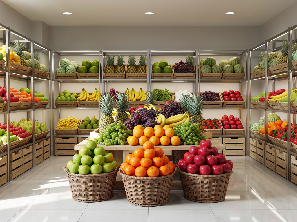 Exhibición de frutas frescas en tienda con manzanas, naranjas, plátanos, uvas, piñas y sandías en cestas y estantes