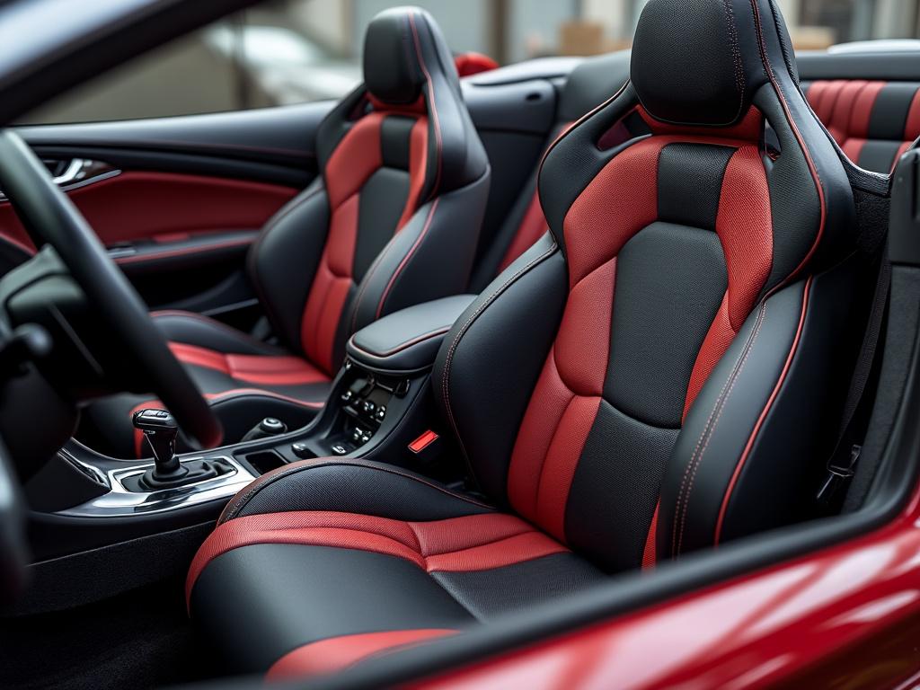 Luxury sports car interior with black and red leather seats, emphasized stitching, and a sleek dashboard.