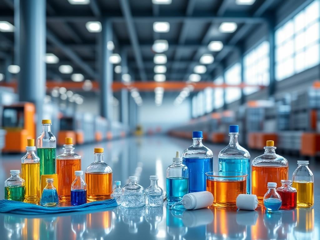 Botes de laboratorio con líquidos de colores en un entorno industrial moderno y bien iluminado. Botes de laboratorio con líquidos de colores en un entorno industrial moderno y bien iluminado.