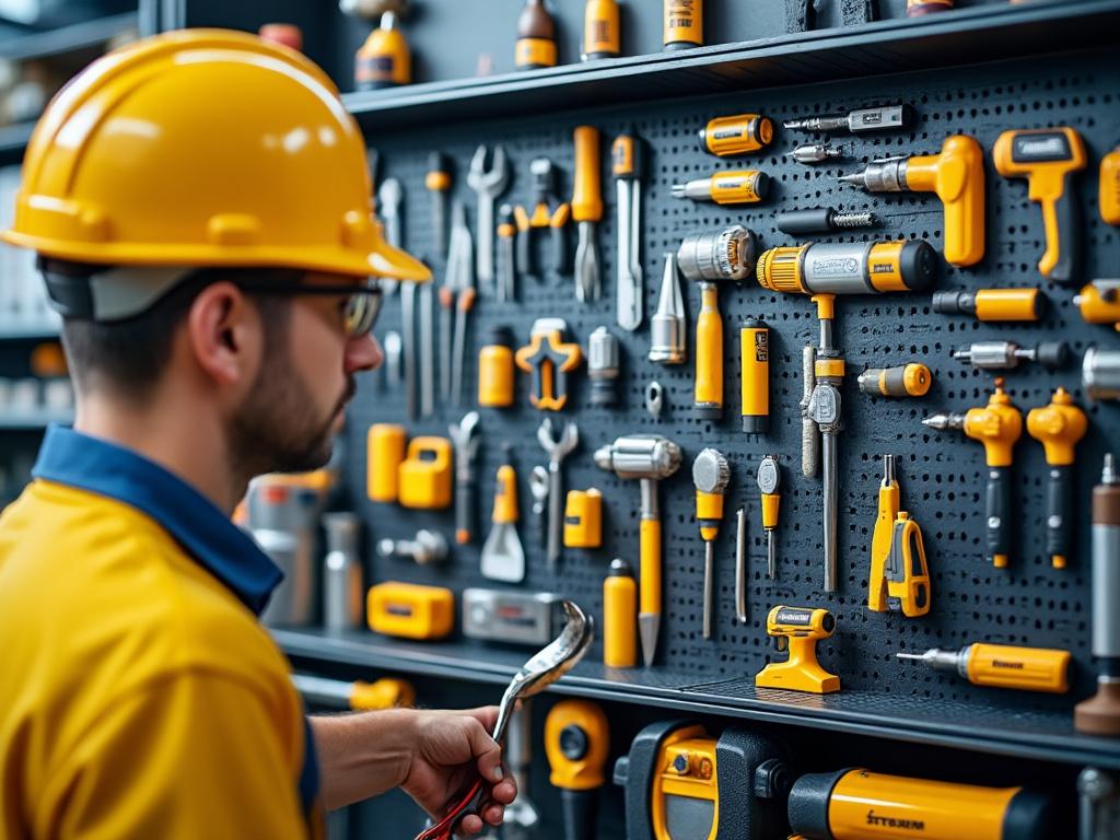 Persona con casco amarillo eligiendo herramientas en una pared de organización en un taller.
