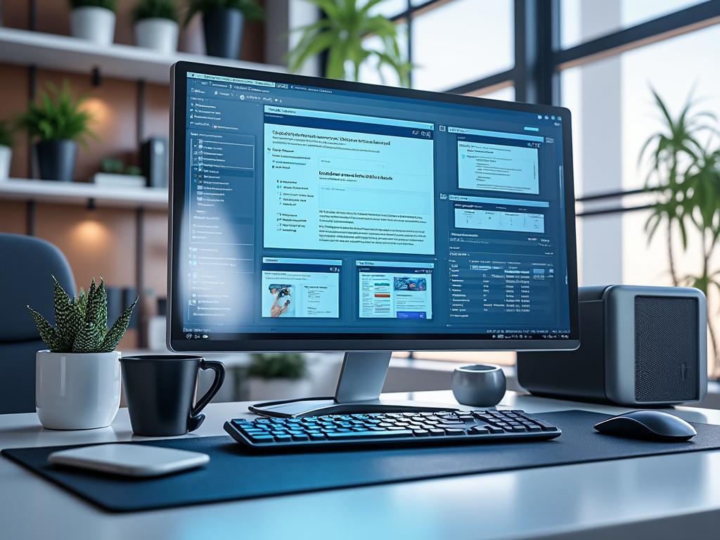 Oficina moderna con computadora de sobremesa, teclado, ratón y plantas decorativas en un espacio iluminado.