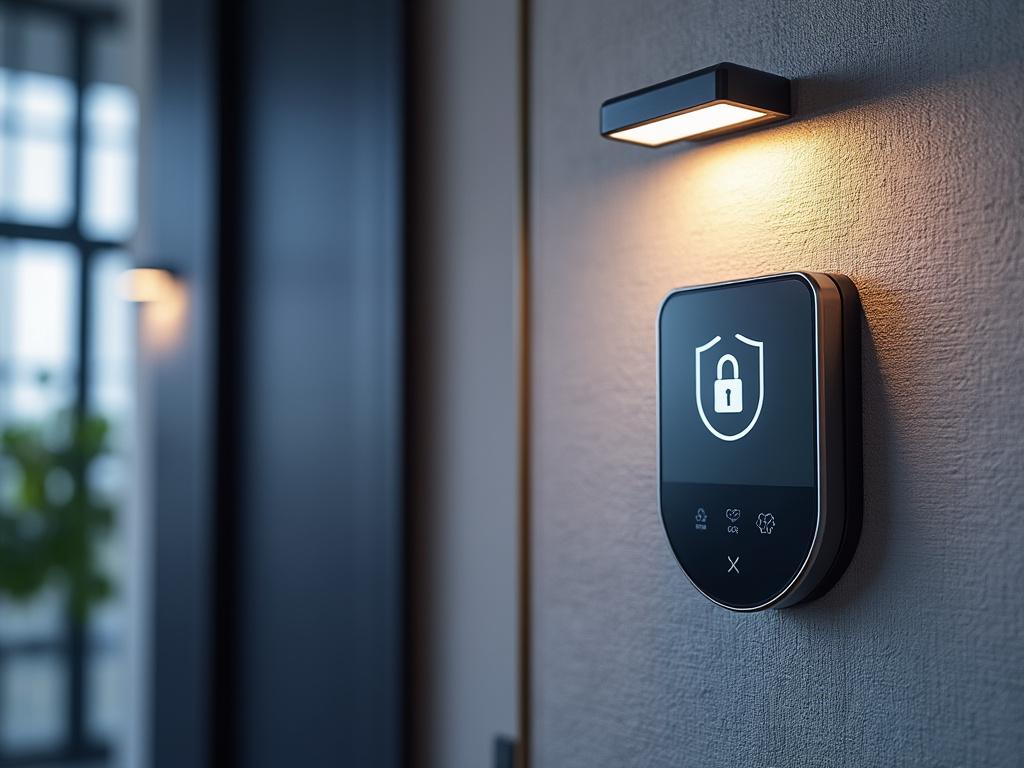 Panel de control de seguridad inteligente en la pared con luz LED, mostrando un icono de candado.
