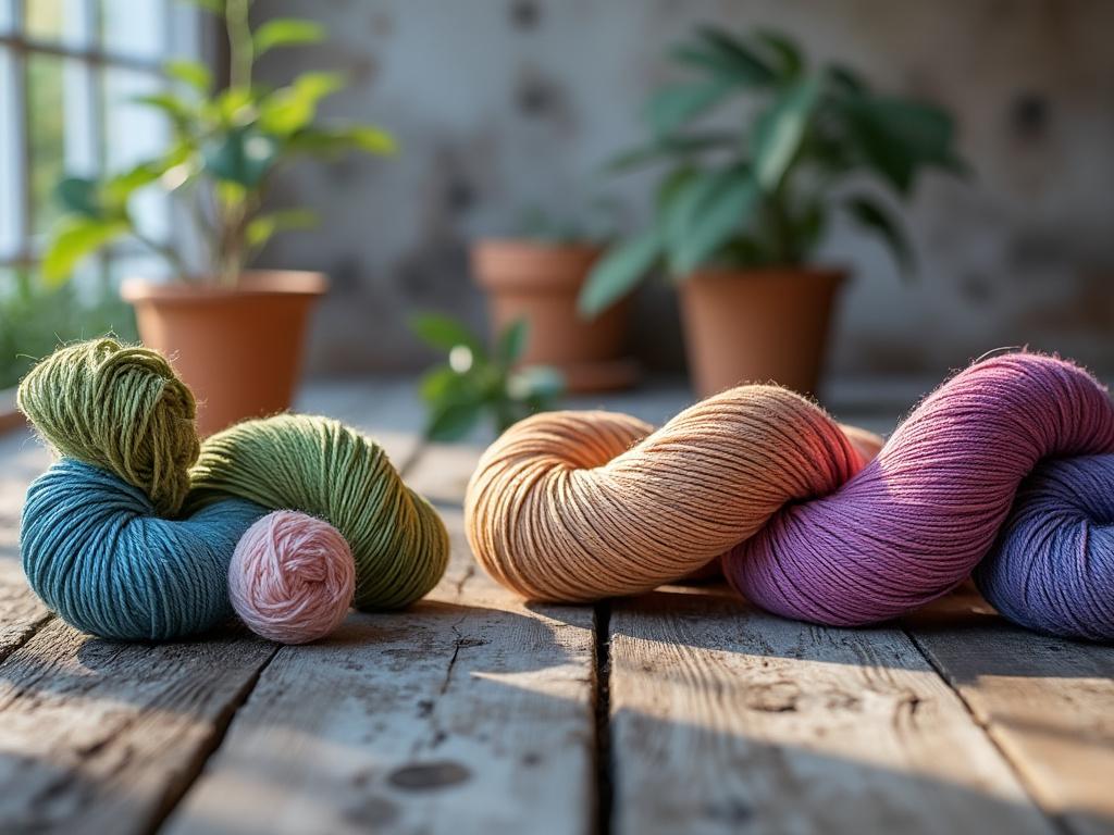Ovillos de lana de colores variados sobre una mesa de madera, con plantas en macetas al fondo.