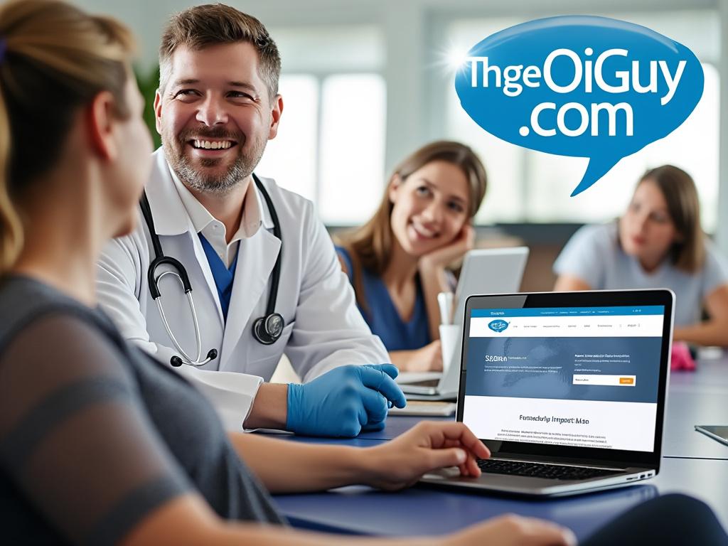 Smiling doctor wearing stethoscope, interacting with colleagues around a laptop, featuring a website with speech bubble text 'ThgeOiGuy.com'.