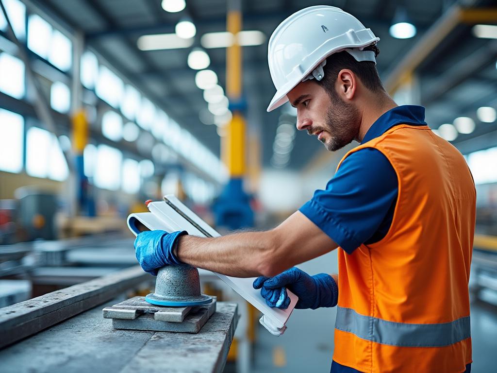 Trabajador industrial revisando planos en una fábrica, usando casco blanco y chaleco naranja.