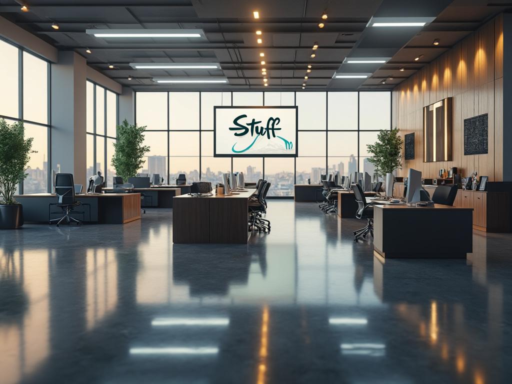 Modern open office space with large windows, city skyline view, rows of desks, computers, chairs, and indoor plants.