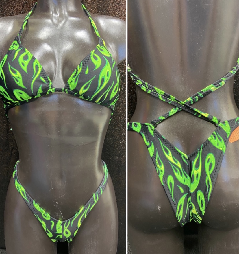 P5004 
$85
B banded top 
xsmall front, xxsmall back 
Green flames lycra 