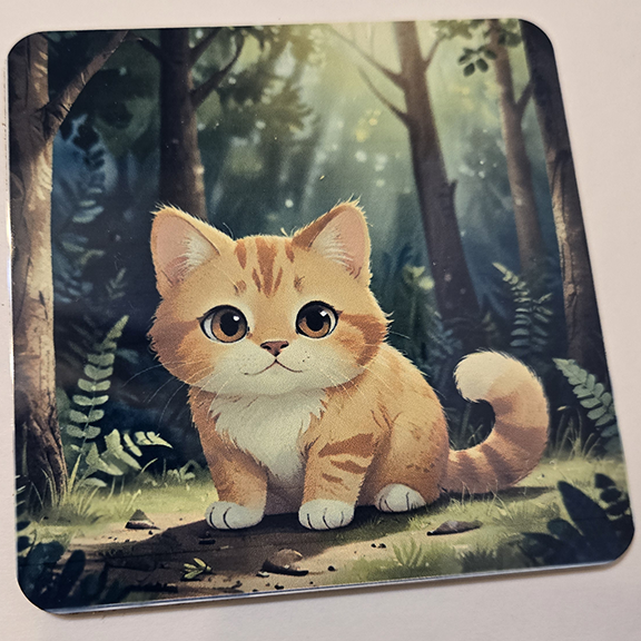 Square metal coaster with a kitten in woods design