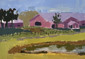 Riccio, Horse Farm with Pond, 5" x 7" Gouache