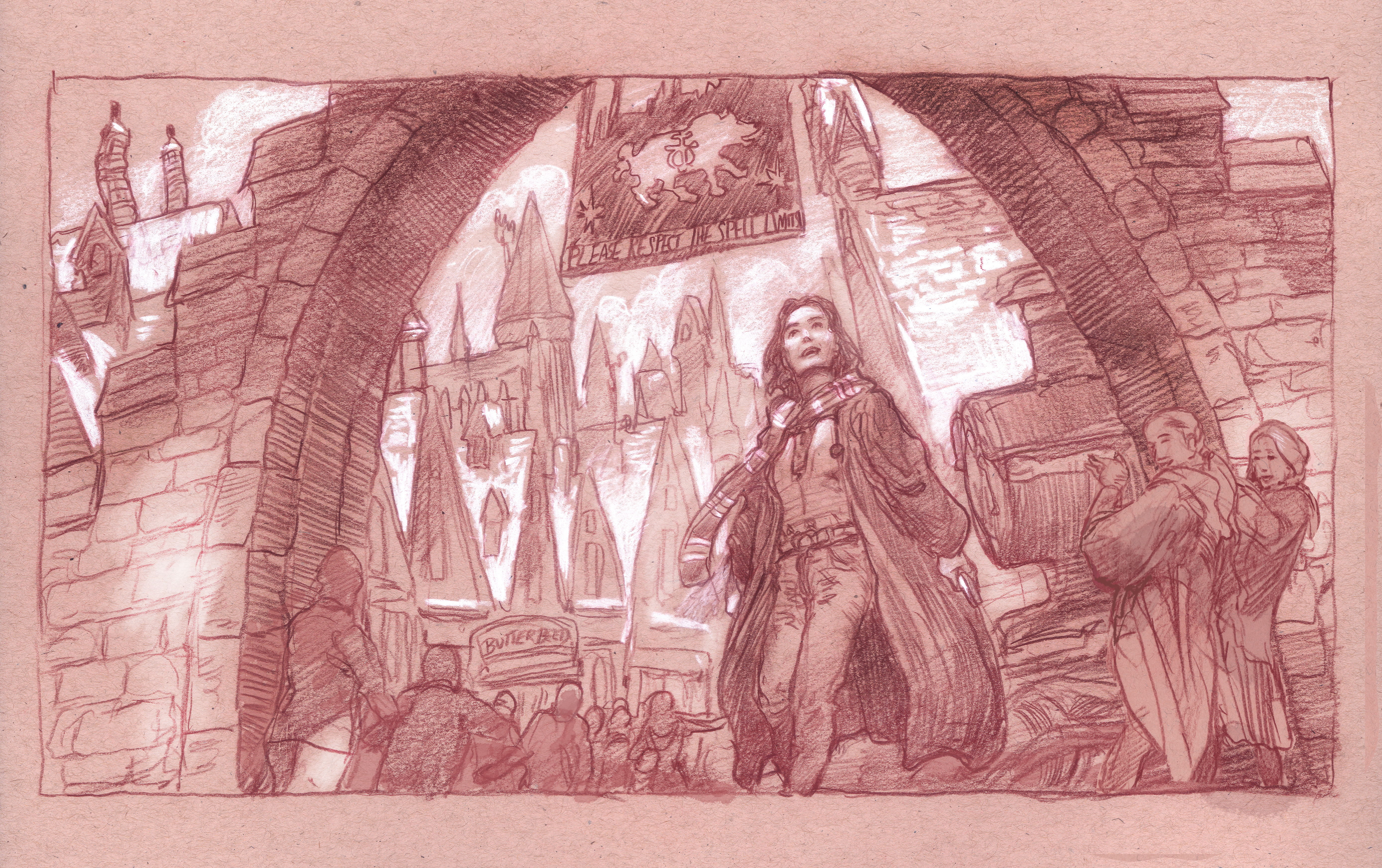 Harry Potter World-Theme Park
14" x 11" Watercolor Pencil and Chalk on Toned Paper  2017