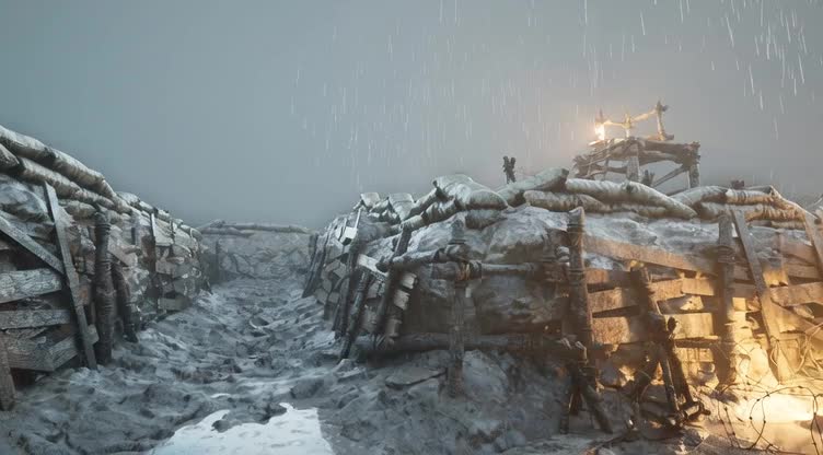 Snowy battlefield trench with wooden reinforcements, barbed wire, and dim lighting in falling snow.