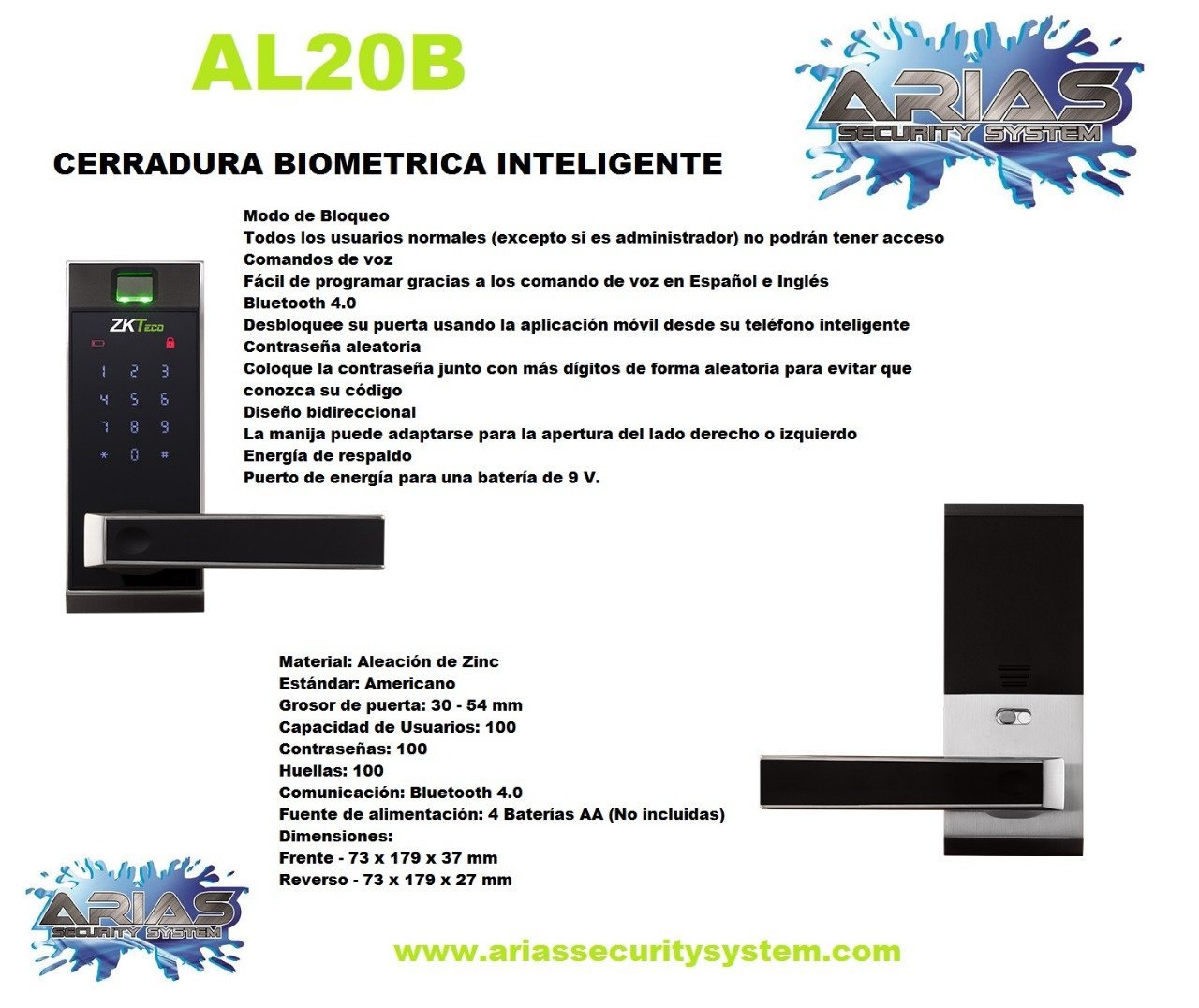 Imagen de cerradura biométrica inteligente AL20B con características y especificaciones, logo de Arias Security System, y detalles de su funcionamiento y material.