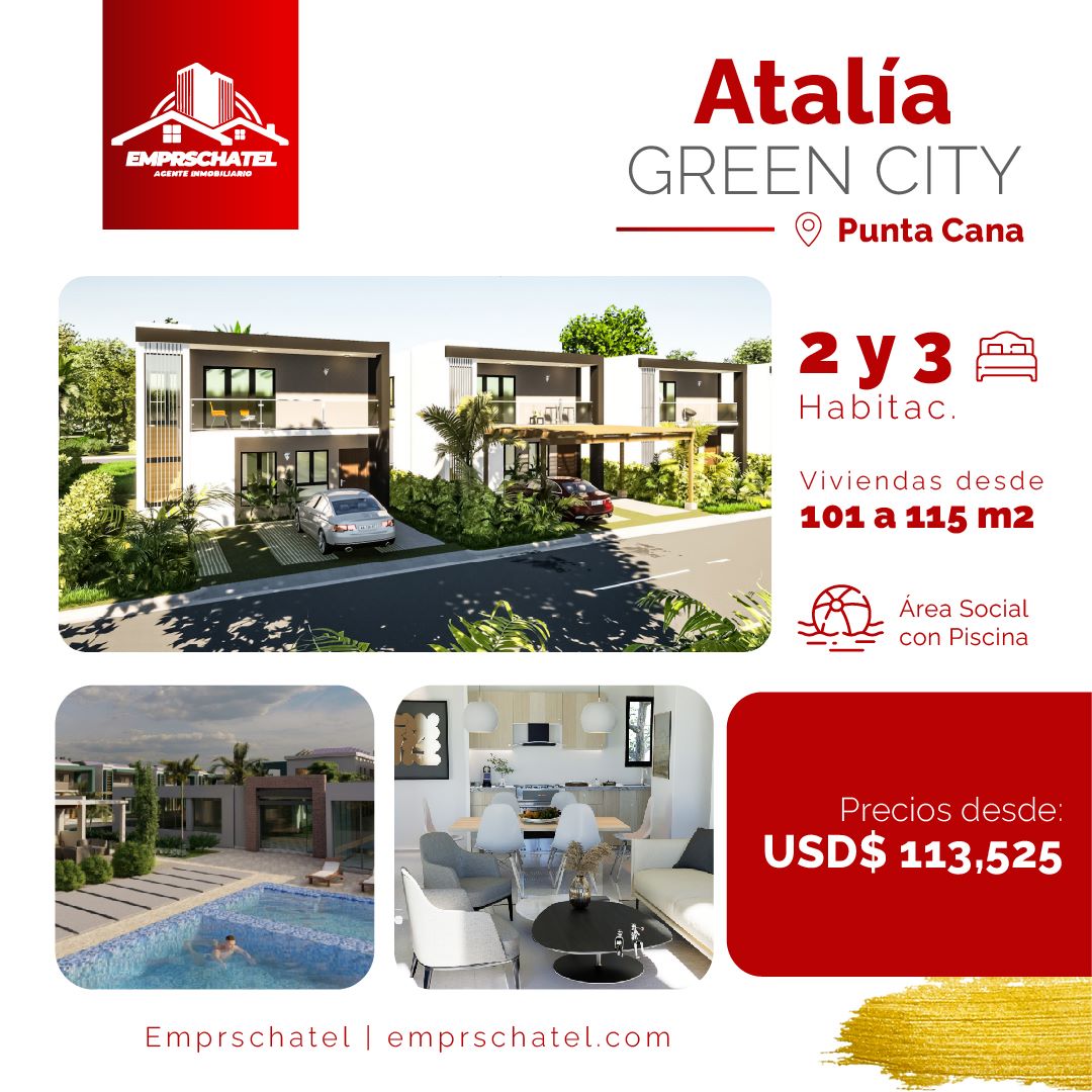 Esta es tu oportunidad de invertir en el paraíso, a pocos minutos del aeropuerto, la playa  y los principales centros comerciales y de diversión de Punta Cana.

🔴Comunidad de 200 viviendas, desde 101 hasta 115 Metros cuadrados

💰Desde USD$113,525

El proyecto cuenta con:

✨Áreas Comerciales
✨Bares y Restaurante
✨Energía Renovable
✨Sendero Ecológico
✨Canchas Multiuso
✨Áreas Sociales
✨Áreas de camping
✨Ciclovia
✨Seguridad Privada

Y lo mejor de todo invierte con los beneficios del CONFOTUR.
