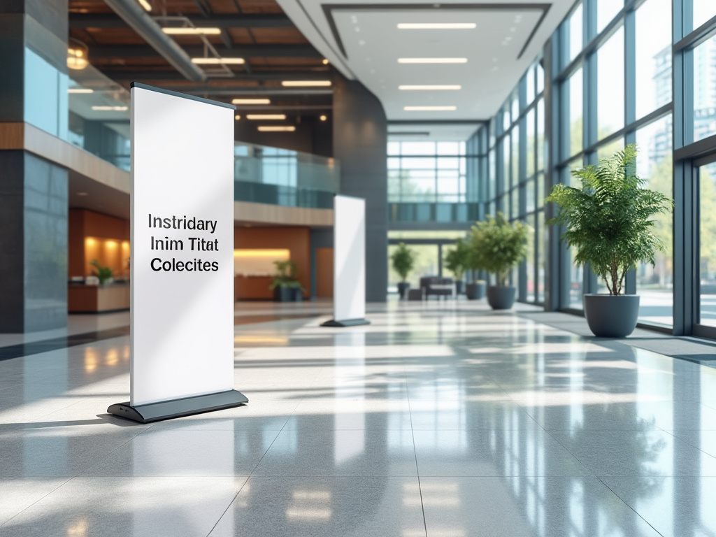 Modern office lobby with tall glass windows, decorative plants, and illuminated advertising banners.