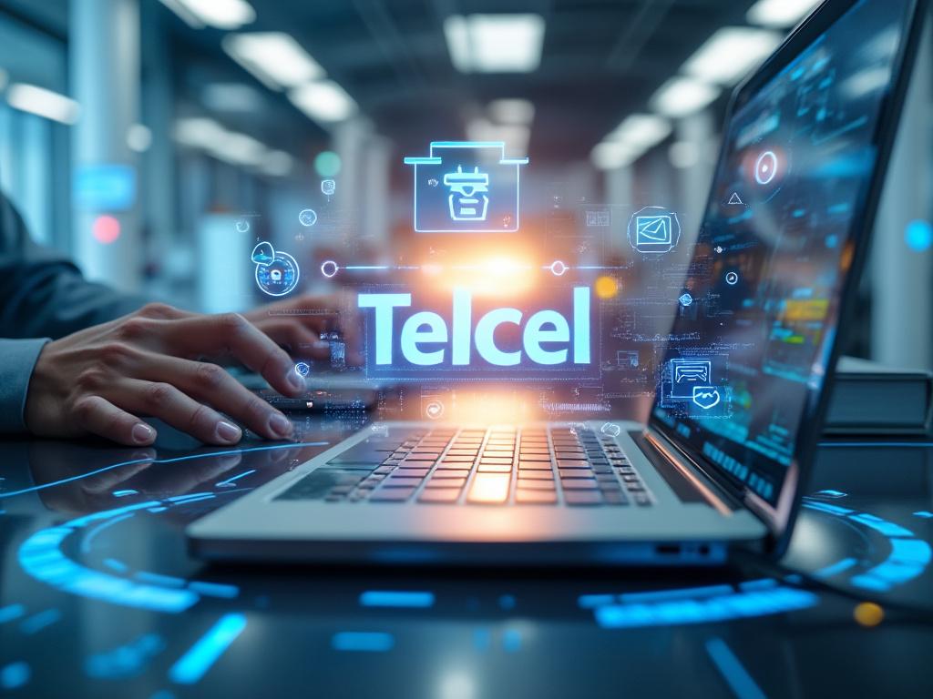 Persona usando laptop con logotipo de Telcel y gráficos digitales en pantalla, efecto moderno de tecnología.