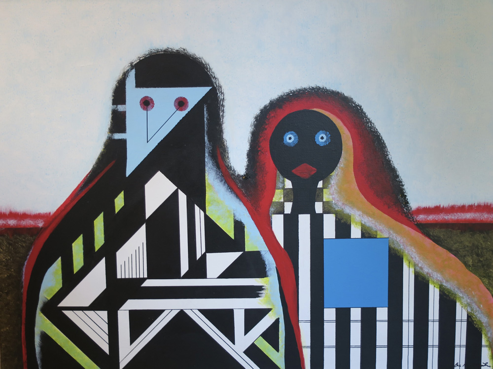 A circle, a square and a triangle walked onto a canvas  40 x 30