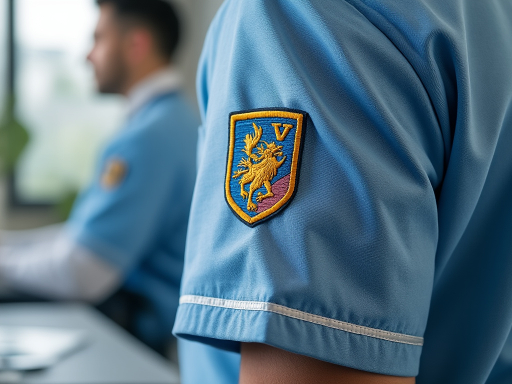 Primer plano de una camiseta azul con un emblema bordado de un león dorado.