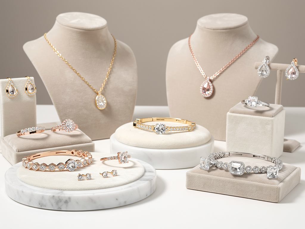 Colección de joyas elegantes con collares, pulseras, anillos y pendientes con diamantes en oro, oro rosa y plata sobre expositores de terciopelo Colección de joyas elegantes con collares, pulseras, anillos y pendientes con diamantes en oro, oro rosa y plata sobre expositores de terciopelo
