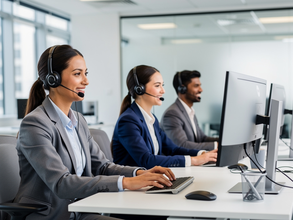 Agentes de atención al cliente con auriculares trabajando en computadoras en oficina moderna