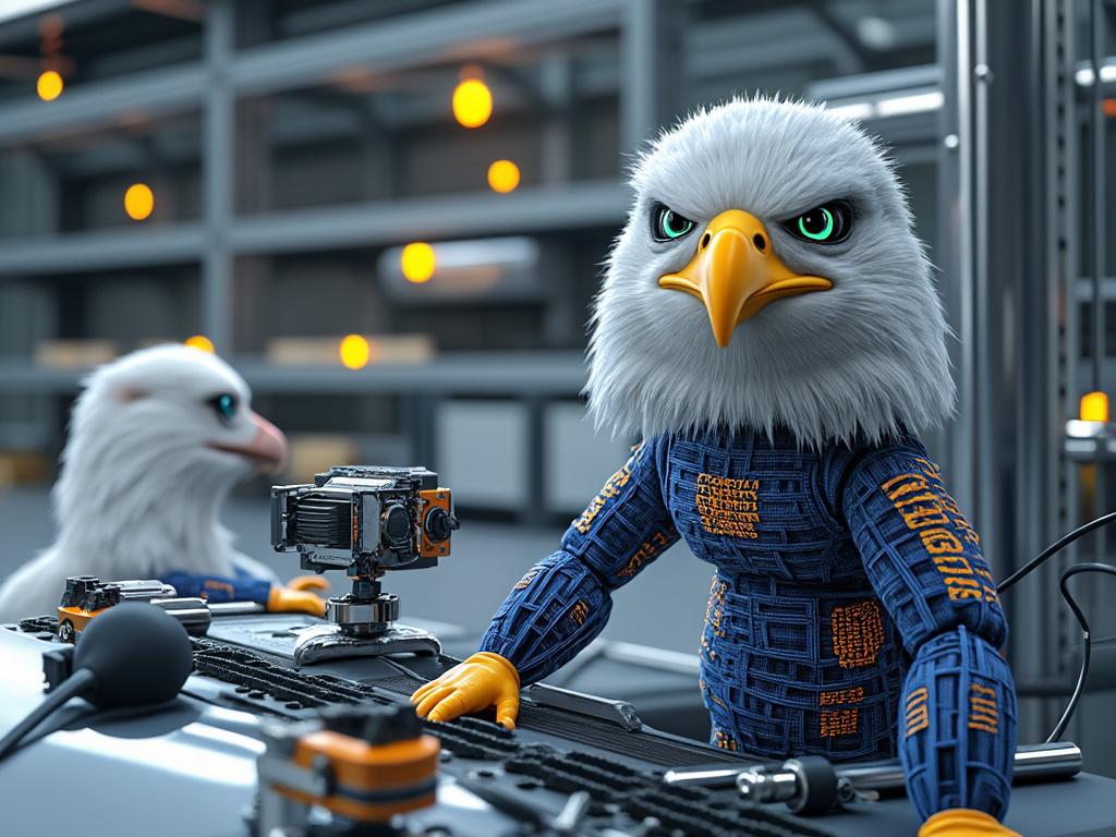 Anthropomorphic eagle in futuristic attire working with high-tech machinery in a modern industrial setting, with another eagle in the background.
