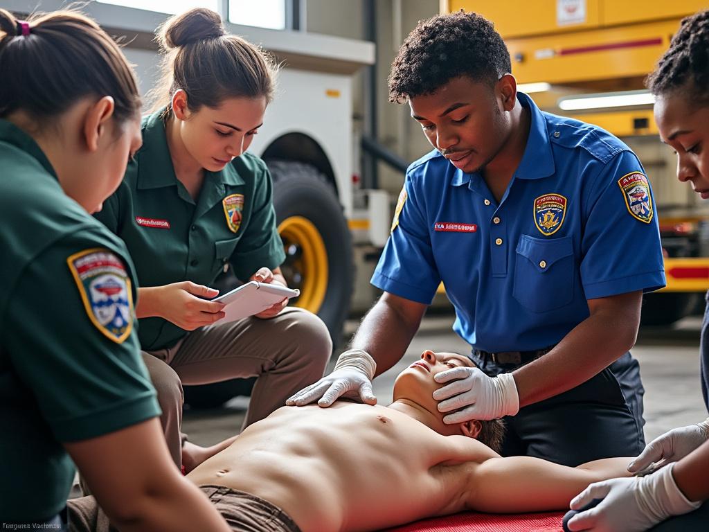Emergency responders performing CPR training on a dummy in a garage setting.