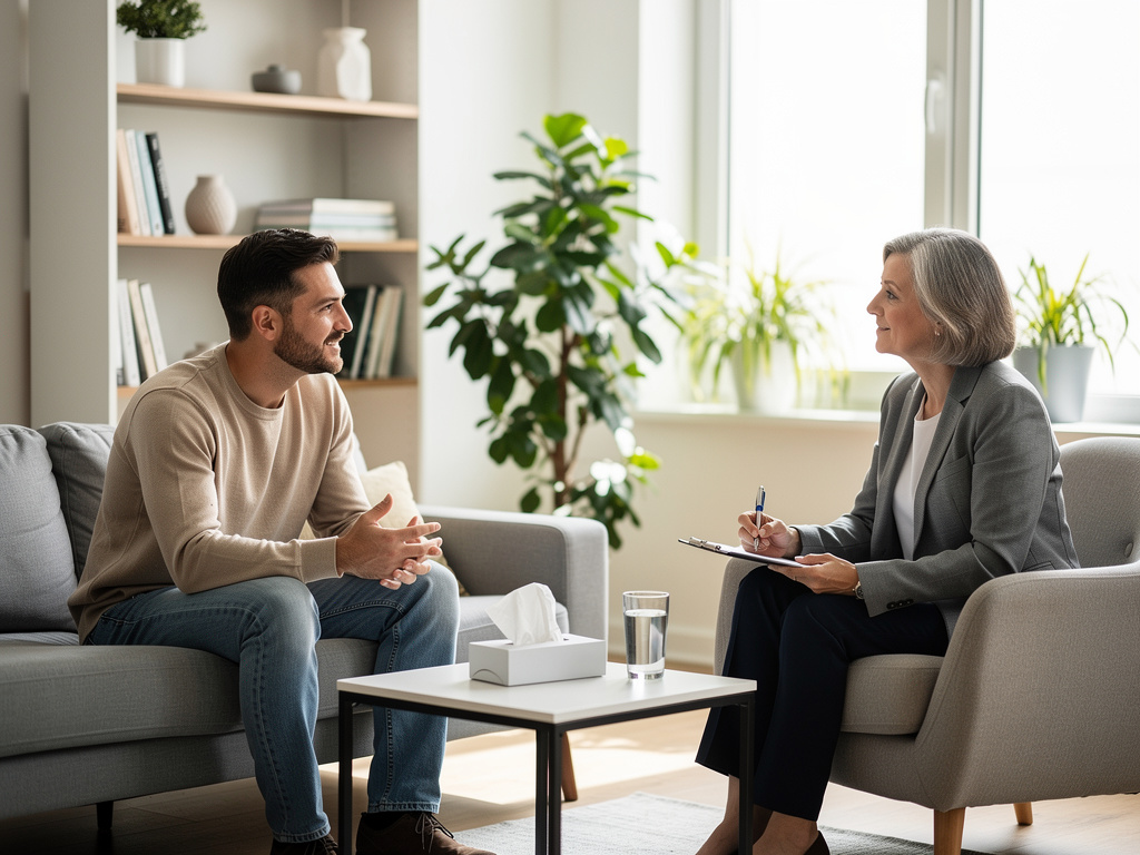 Sesión de terapia psicológica con hombre hablando con terapeuta en consulta moderna y luminosa