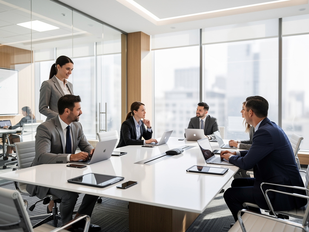 Equipo ejecutivo en reunión de negocios en una oficina moderna con laptops y vista urbana