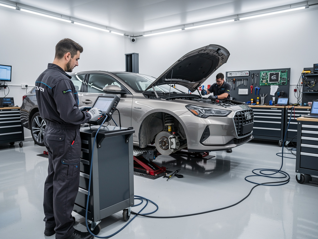 Mecánicos diagnosticando y reparando un Audi en taller automotriz con capó abierto y equipo especializado