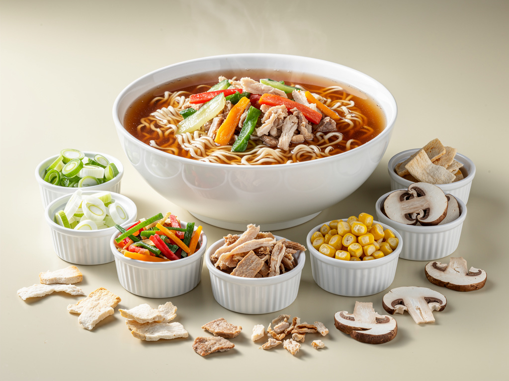 Steaming bowl of ramen noodle soup with chicken, vegetables, corn, mushrooms, scallions and toppings