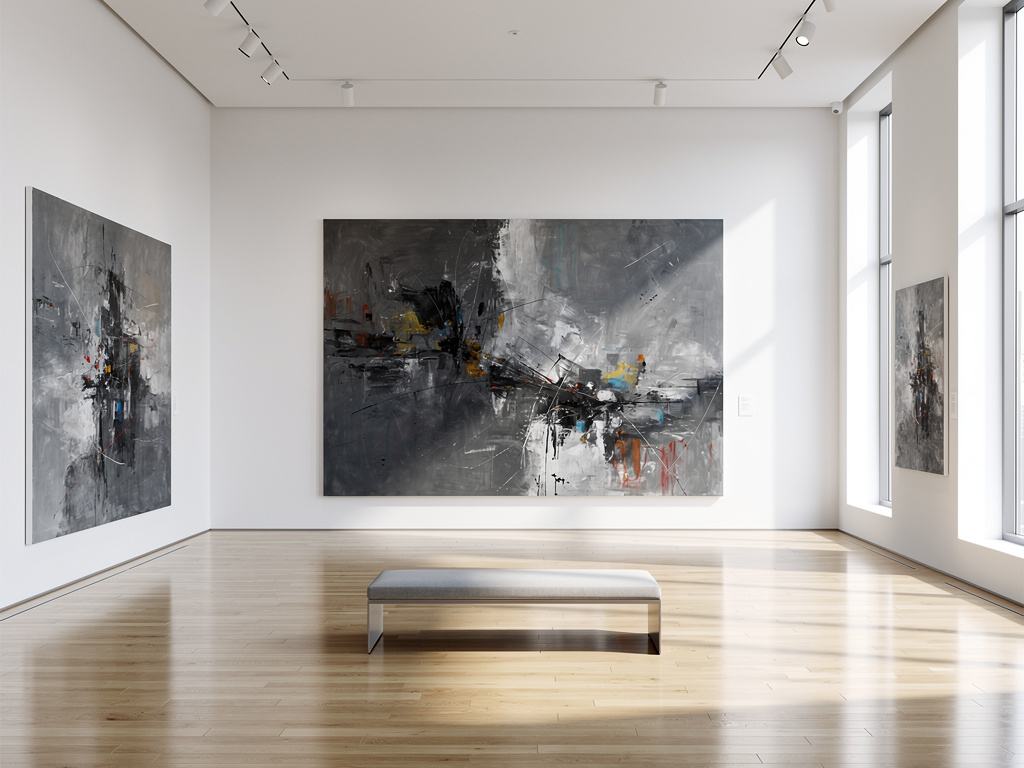 Galería de arte moderna con grandes pinturas abstractas grises, banco central, suelo de madera y luz natural