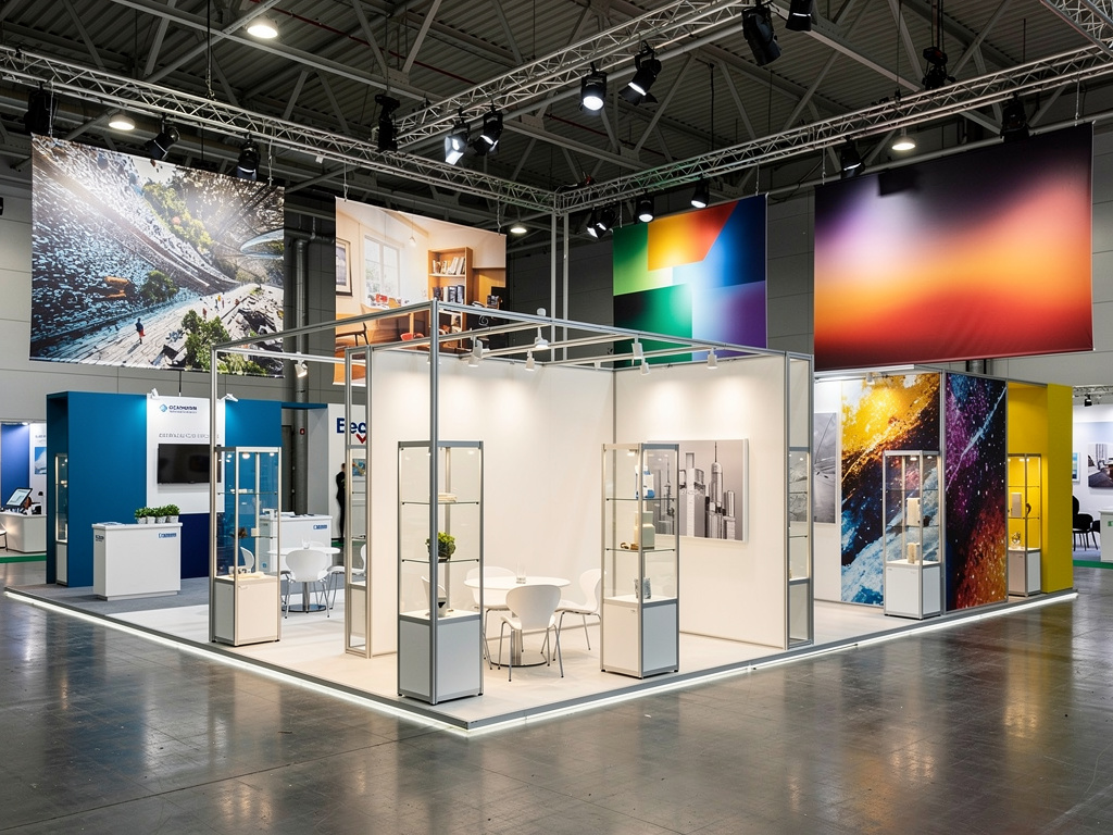 Stand moderno de feria comercial con expositores iluminados, carteles gráficos coloridos y zona de reuniones en pabellón industrial