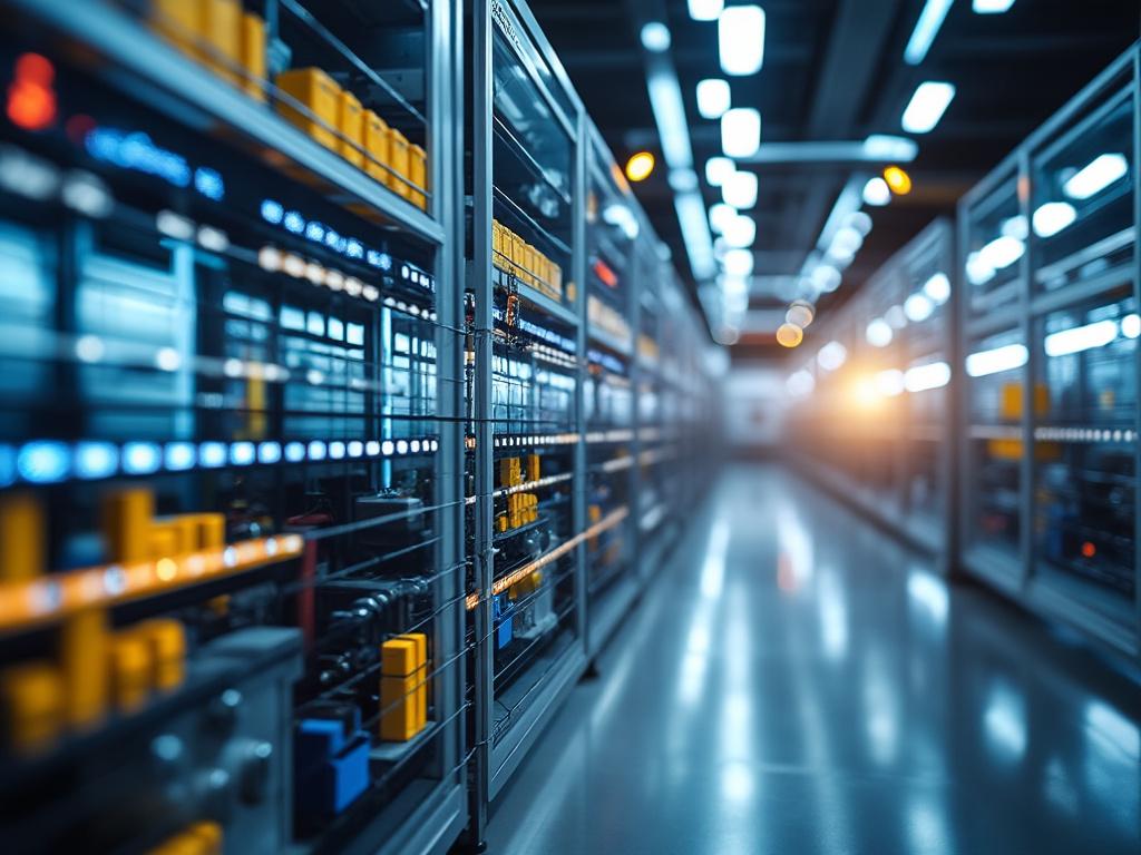 Interior de un centro de datos moderno con racks de servidores iluminados y suelos brillantes, mostrando tecnología avanzada.