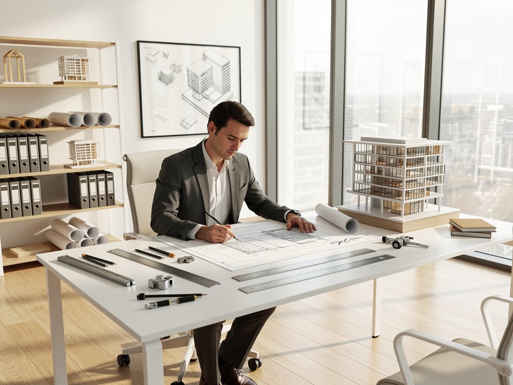 Arquitecto dibujando planos en estudio moderno con maqueta de edificio, herramientas de diseño y grandes ventanales